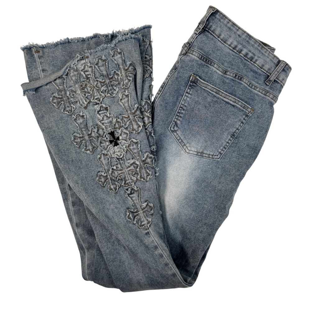 Bamboo Jeans Women's Gothic Cross Flare Raw Hem Light Wash Y2K Size 15